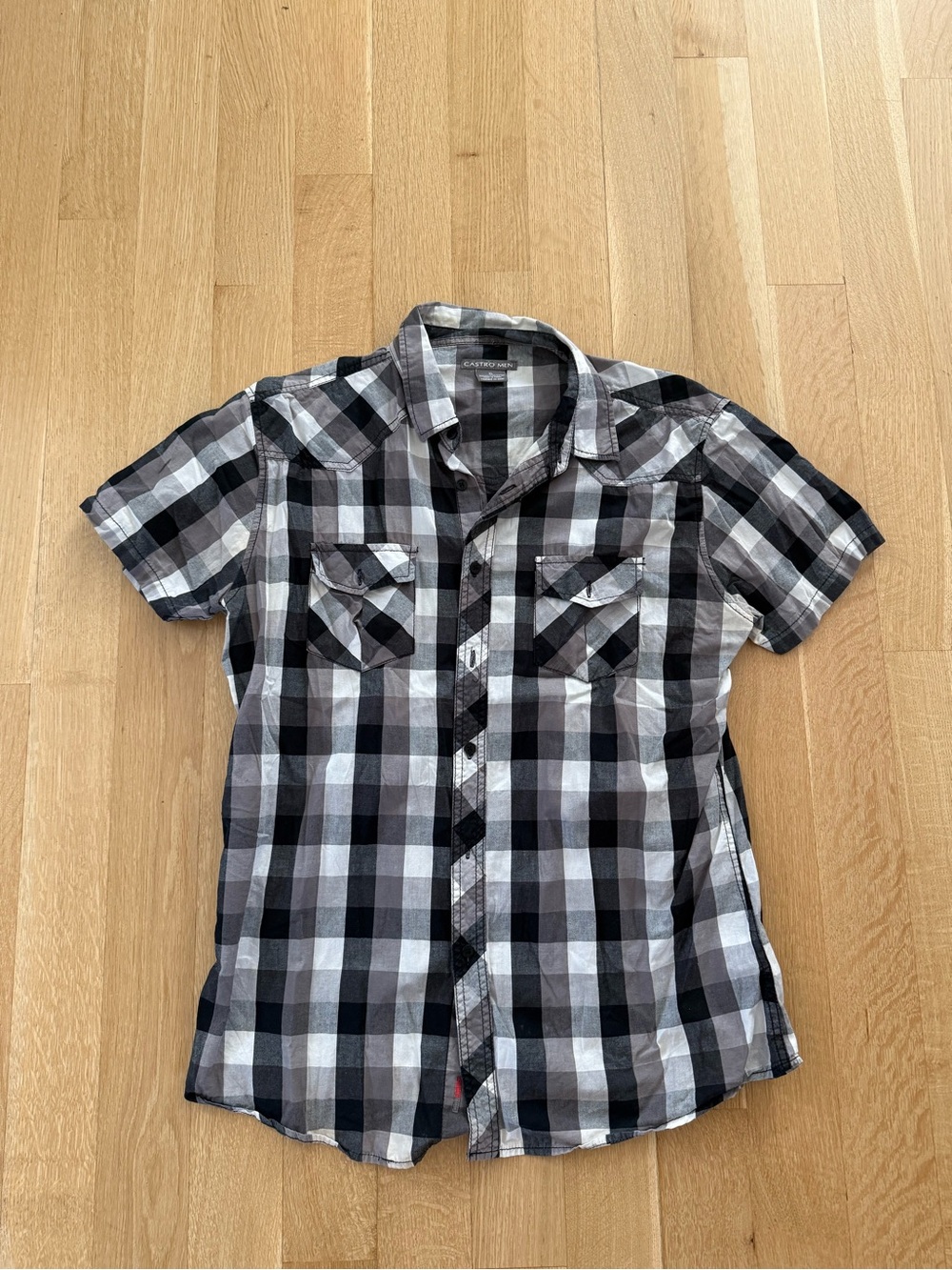 Short Sleeve Black & Gray Plaid Button-Up Shirt
